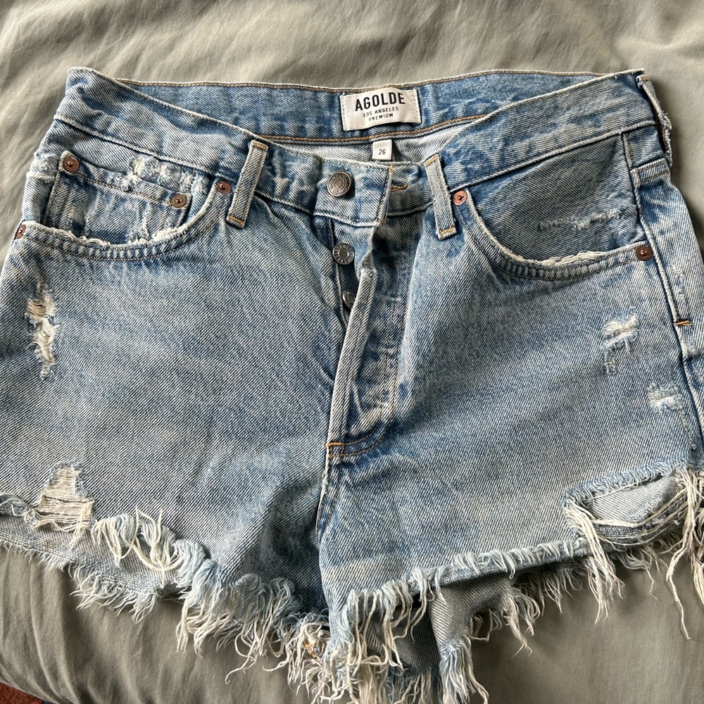 Agolde Light Blue Distressed Jean Shorts